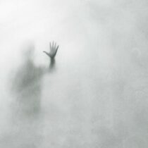 illustration of mysterious man behind glass surface, creepy abstract concept